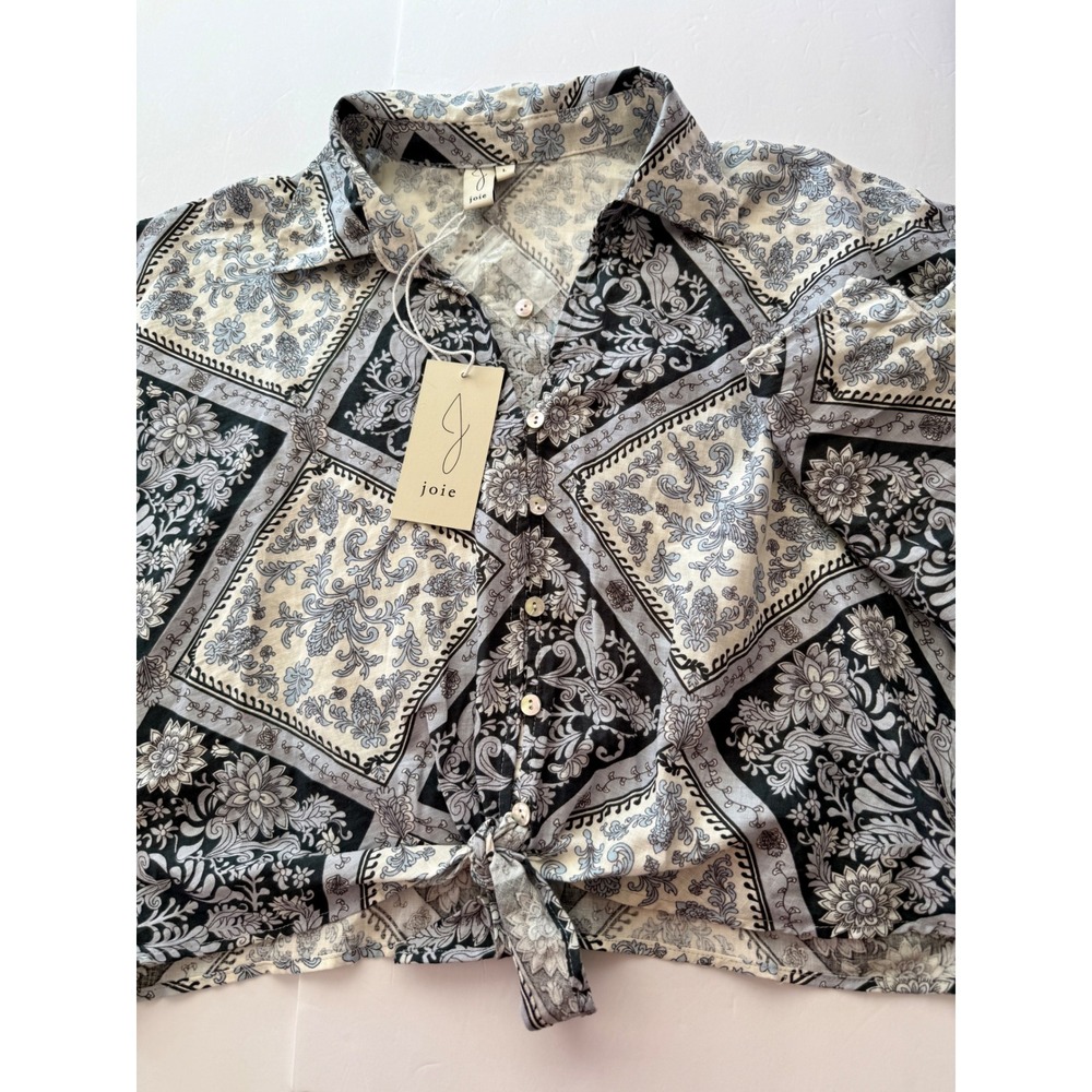 Joie Women Blue Gray Black Tile Floral Paisley Linen Blend Tie Front Shirt L NWT